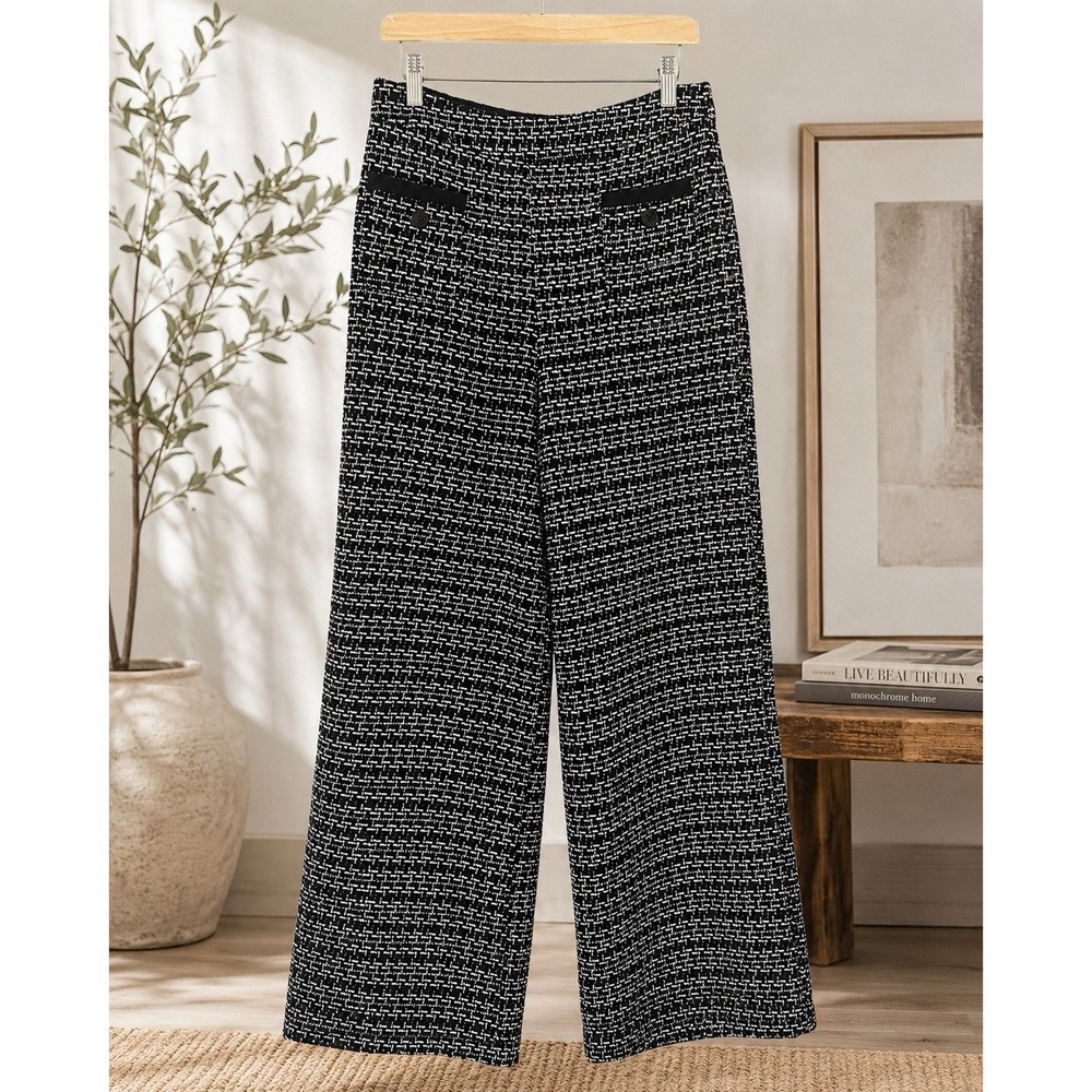 NY & Co Black White Tweed Wide Leg Crop Pants Sz M Textured Lined Zip High Rise - Picture 2 of 13